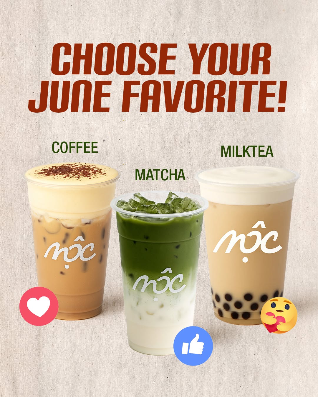 Three drinks lineup — coffee, matcha, milktea at MỘC Cafe